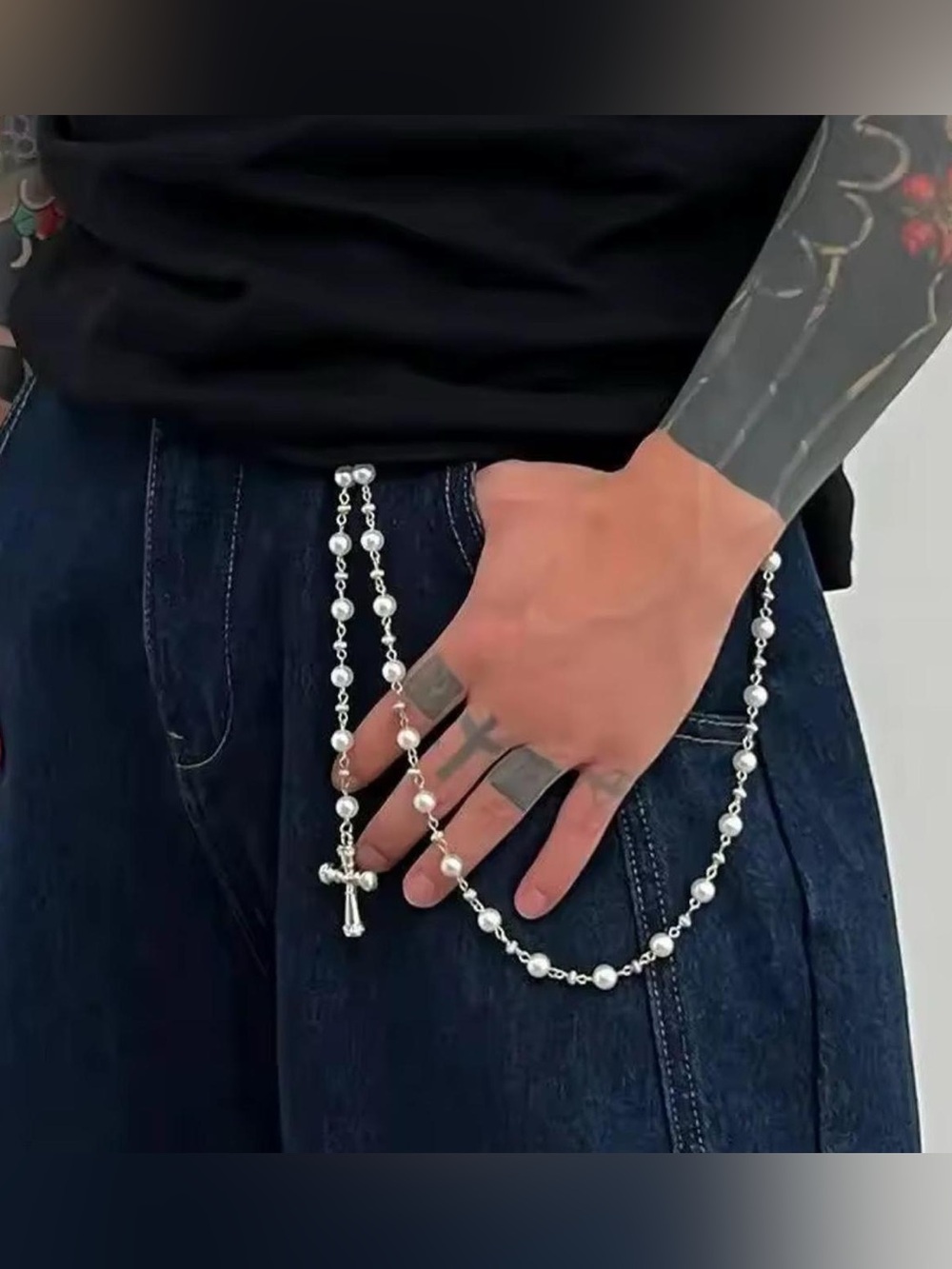 Silver Beaded Cross Wallet Chain